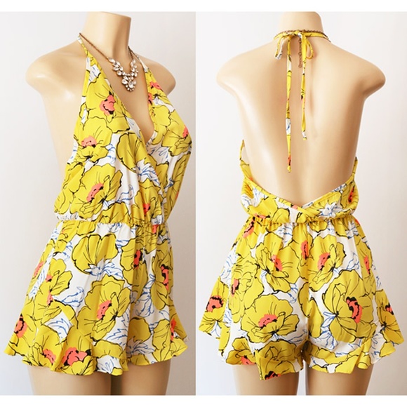 Millabon USA Dresses & Skirts - Yellow Tropical Floral Open Back Halter Romper